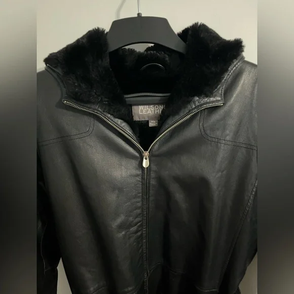 Vtg Wilson’s Leather Black 3/4 Length Coat Belted Soft Lining Warm Hooded Sz XL - Picture 2 of 9